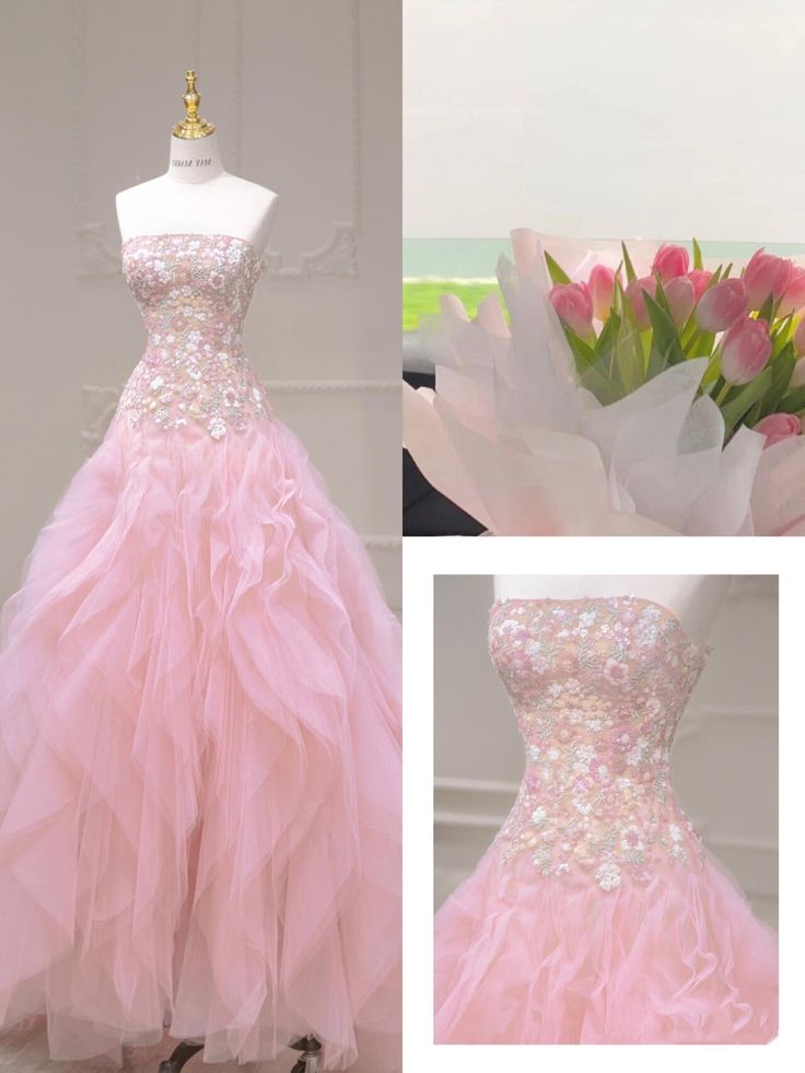 Luxurious A Line Strapless Pink Tulle Applique Long Prom Dress,Party Dress,Evening Dress GG888