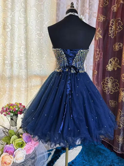 Sparkly Sweetheart Neck Blue Tulle Beaded A Line Short Prom Dress Formal Homecoming Dress cg26136