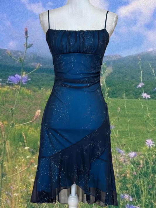 Vintage Spaghetti Straps Chiffon Sequin Ruffle Cocktail Dress Navy Blue Short Prom Dress Homecoming Dress cg26126