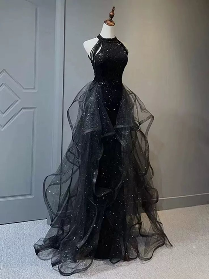 Shiny Halter Sequin Tulle Layered Long Prom Dress Black Evening Dress Wedding Dress SH1019