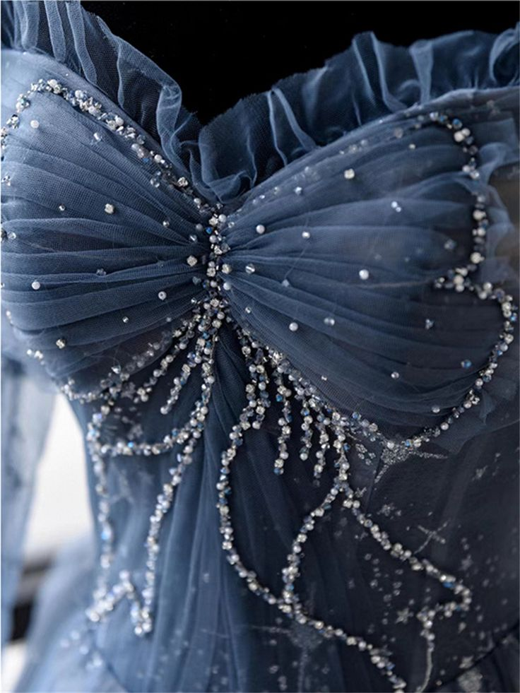 Elegant Blue Tulle Beaded Fairy Ball Gown Long Prom Dress Quinceanera Dress  SH1028