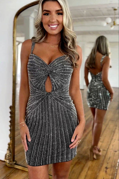 Black Glitter Bodycon Homecoming Dress with Beaded Straps and Short Fitted Silhouette
