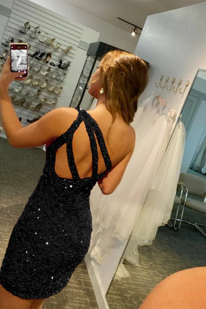 Glitter Black One-Shoulder Sequin Homecoming Dress with Fitted Skirt
