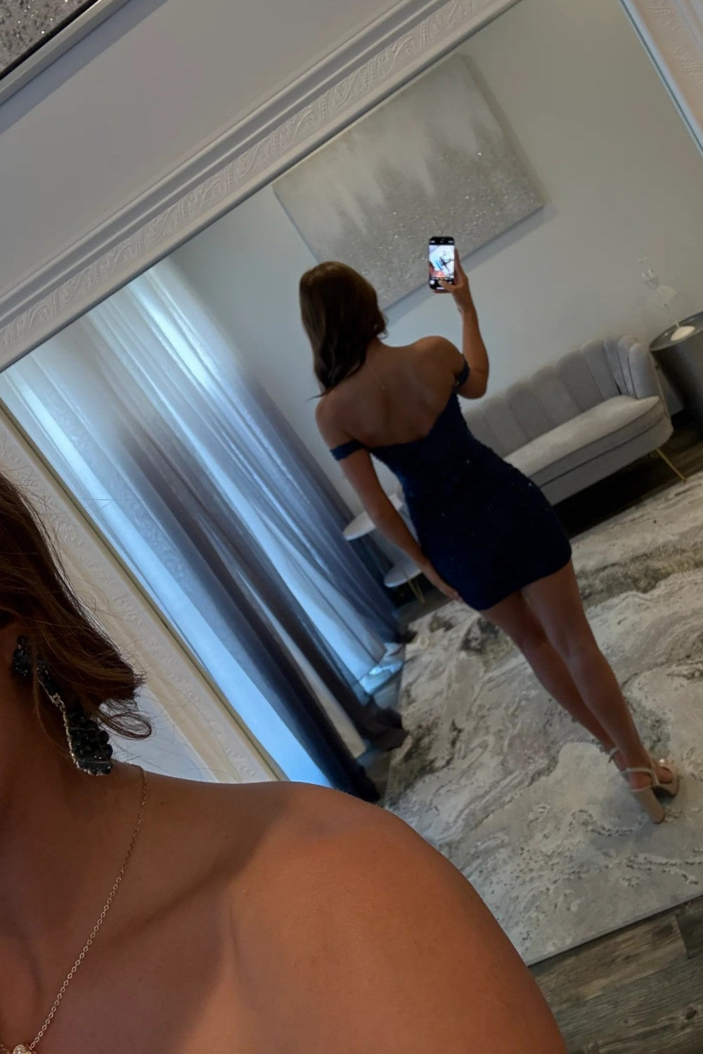 Glitter Off-the-Shoulder Beaded Lace Homecoming Dress with Sheer Corset Bodice