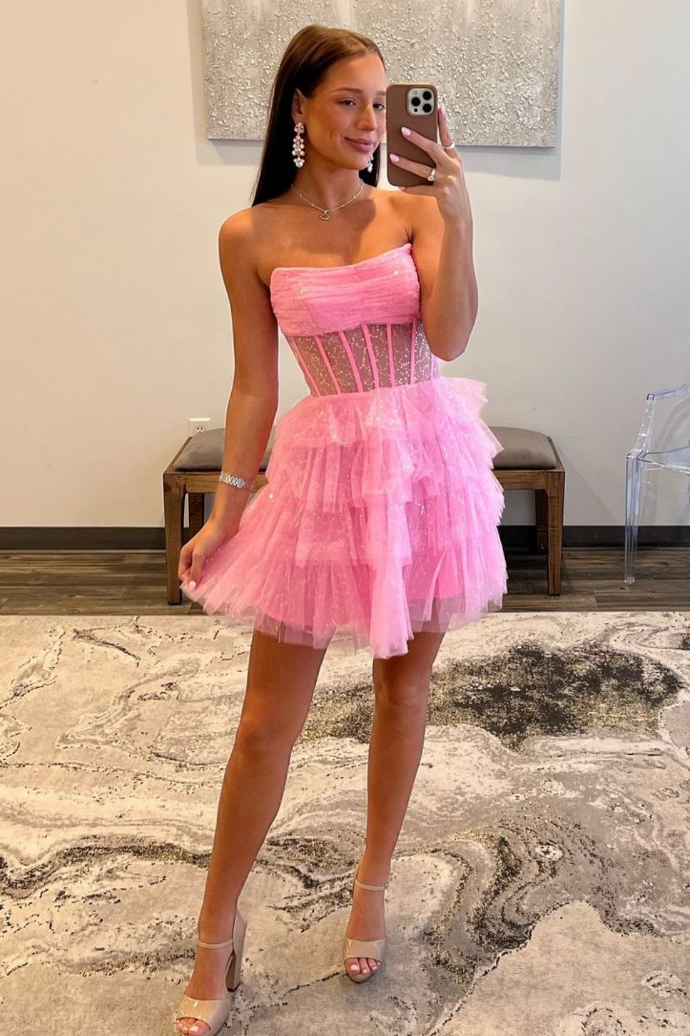 Glitter Pink Strapless A-Line Homecoming Dress with Tiered Tulle Skirt
