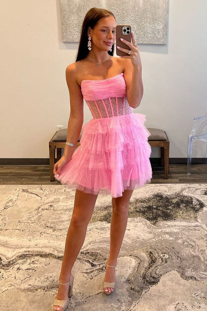 Glitter Pink Strapless A-Line Homecoming Dress with Tiered Tulle Skirt