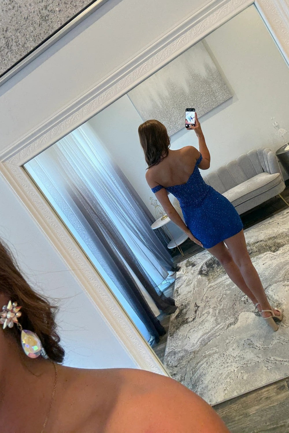 Glitter Off-the-Shoulder Beaded Lace Homecoming Dress with Sheer Corset Bodice