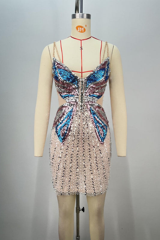 Glittering Butterfly Rhinestone Bodycon Homecoming Dress with Cutout Sides