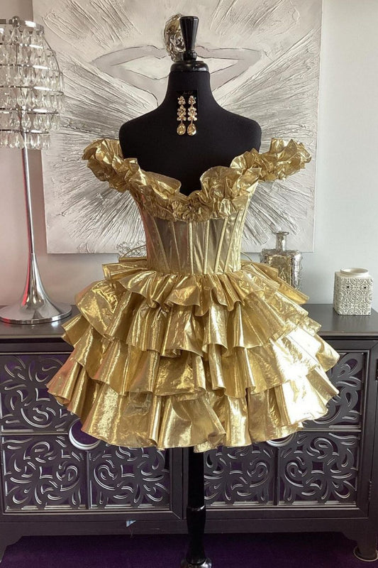 Gold Metallic Tiered Homecoming Dress with Off Shoulder Style A-Line Shape and Lace Up Closure
