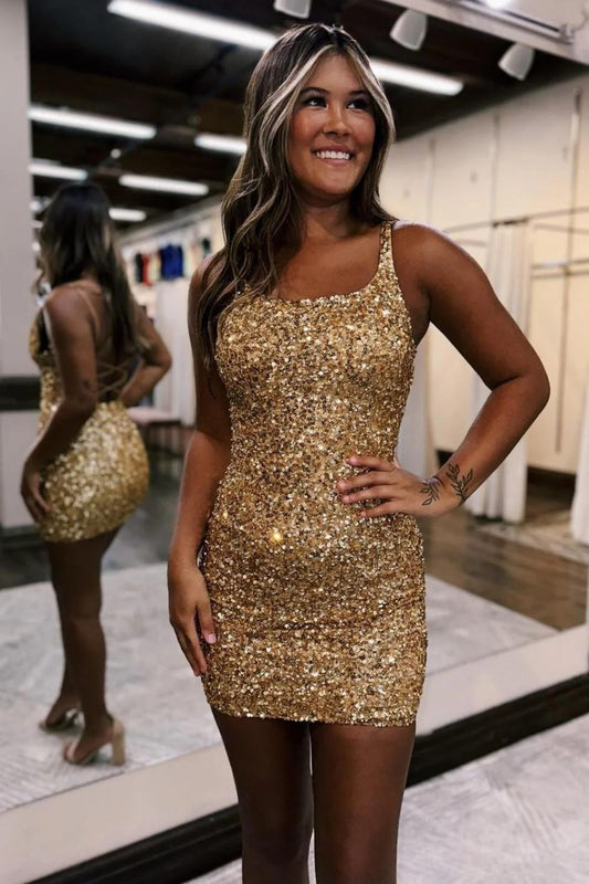 Gold Sequin Homecoming Dress with Spaghetti Straps and Fitted Silhouette