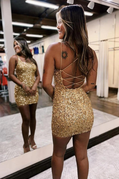 Gold Sequin Homecoming Dress with Spaghetti Straps and Fitted Silhouette