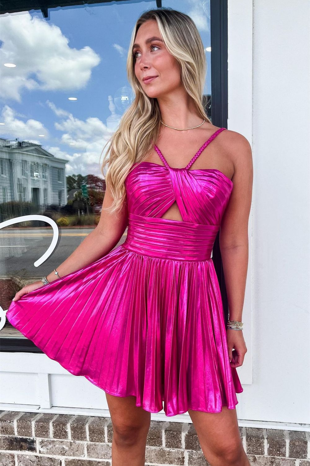 Gold Metallic A-Line Mini Dress with Halter Neck Cut Homecoming Dress