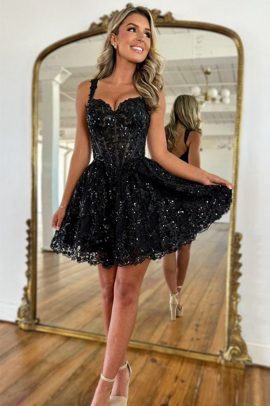 Black A Line Straps Homecoming Dress with Sparkling Sequin and Short Silhouette
