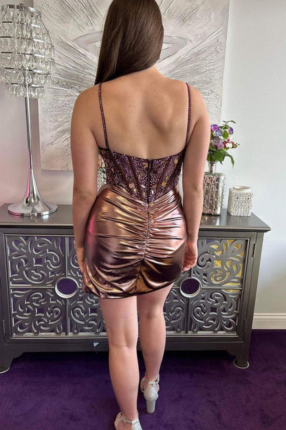 Gorgeous Rose Gold Spaghetti Strap Short Sparkly Homecoming Dress