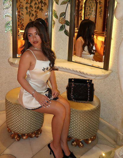 Cute A Line Spaghetti Strap Black Lace White Satin Short Homecoming Dress Birthday Dress SH2338