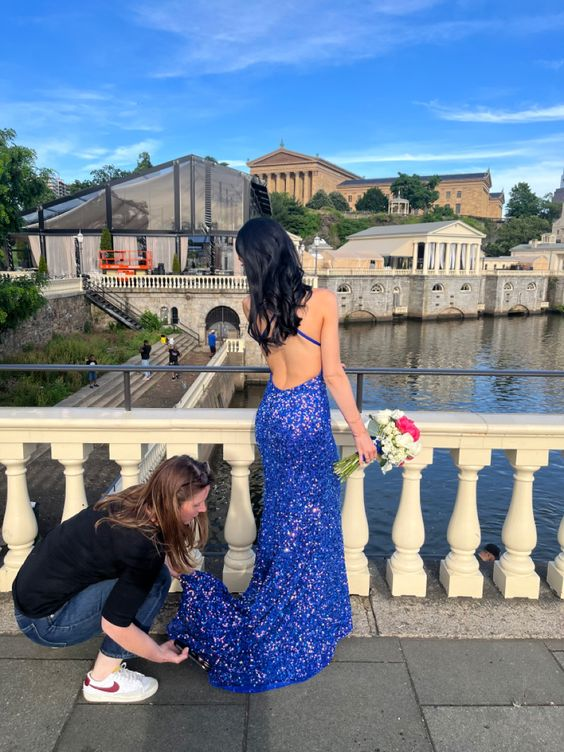 Shiny Royal Blue Sequins Mermaid Evening Dress Long Prom Dress SH987