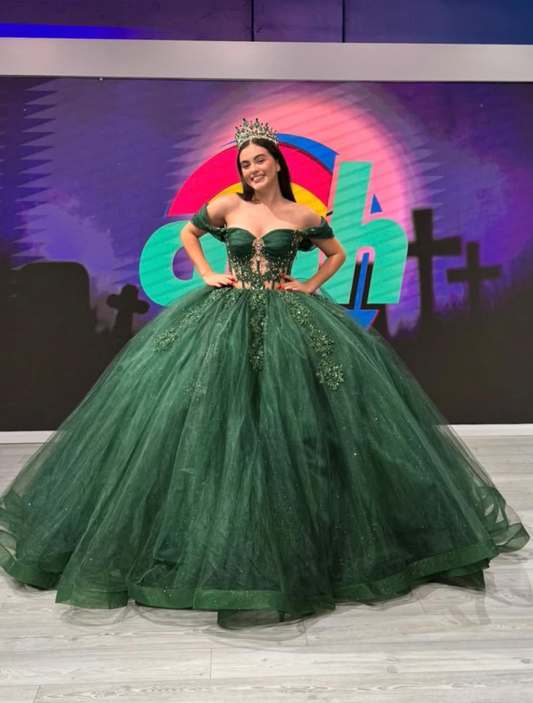 Green Tulle Applique Off the Shoulder Long Prom Dress Quinceanera Dress Ball Gown SH2446
