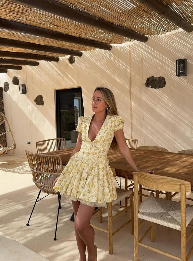 Princess A Line V Neck Print Flower Yellow Tulle Satin Short Homecoming Dress SH2127