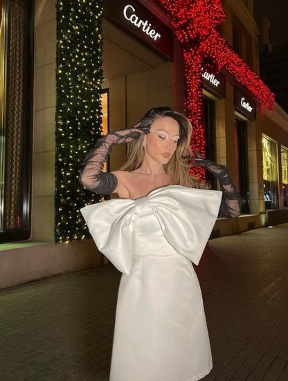 Cute A Line Strapless Bow White Satin Short Homecoming Dress Birthday Dress SH2509