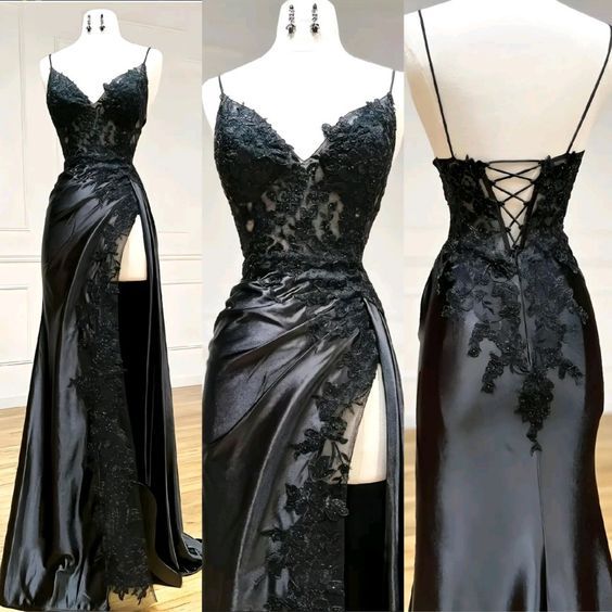 Vintage Applique V-neck Spaghetti Strap Satin Floor-length High Slit Prom Dress Evening Dress TP4323