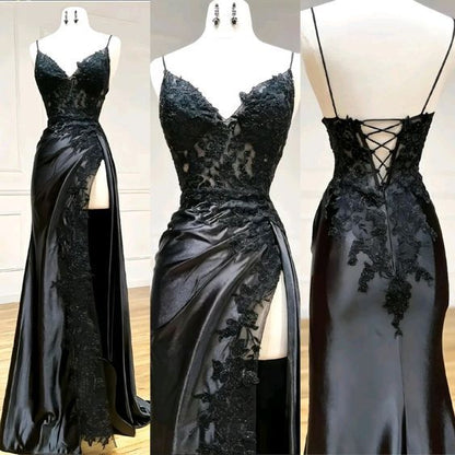 Vintage Applique V-neck Spaghetti Strap Satin Floor-length High Slit Prom Dress Evening Dress TP4323