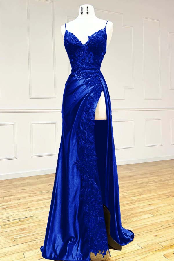 Vintage Applique V-neck Spaghetti Strap Satin Floor-length High Slit Prom Dress Evening Dress TP4323
