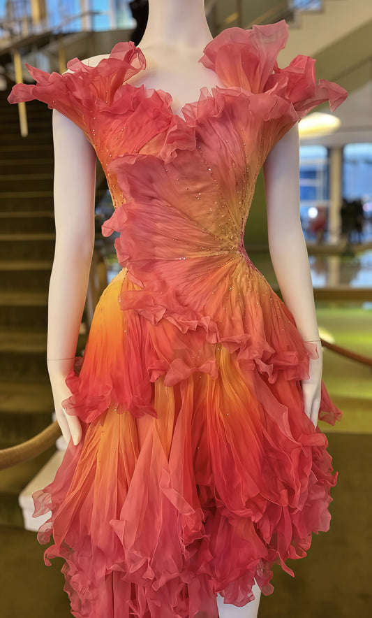 Hot Floral Red Yellow Party Dress, Beaded Ruffle Mini Prom Hoco Dress,AST1806