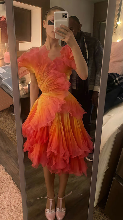 Hot Floral Red Yellow Party Dress, Beaded Ruffle Mini Prom Hoco Dress,AST1806