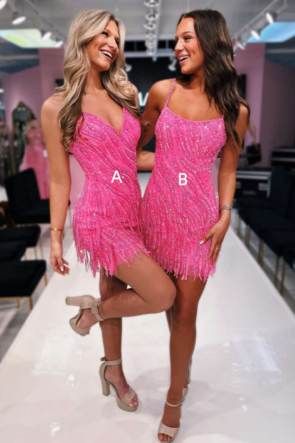 Hot Pink Sequin Bodycon Homecoming Dress with Spaghetti Straps and Fringe Hem