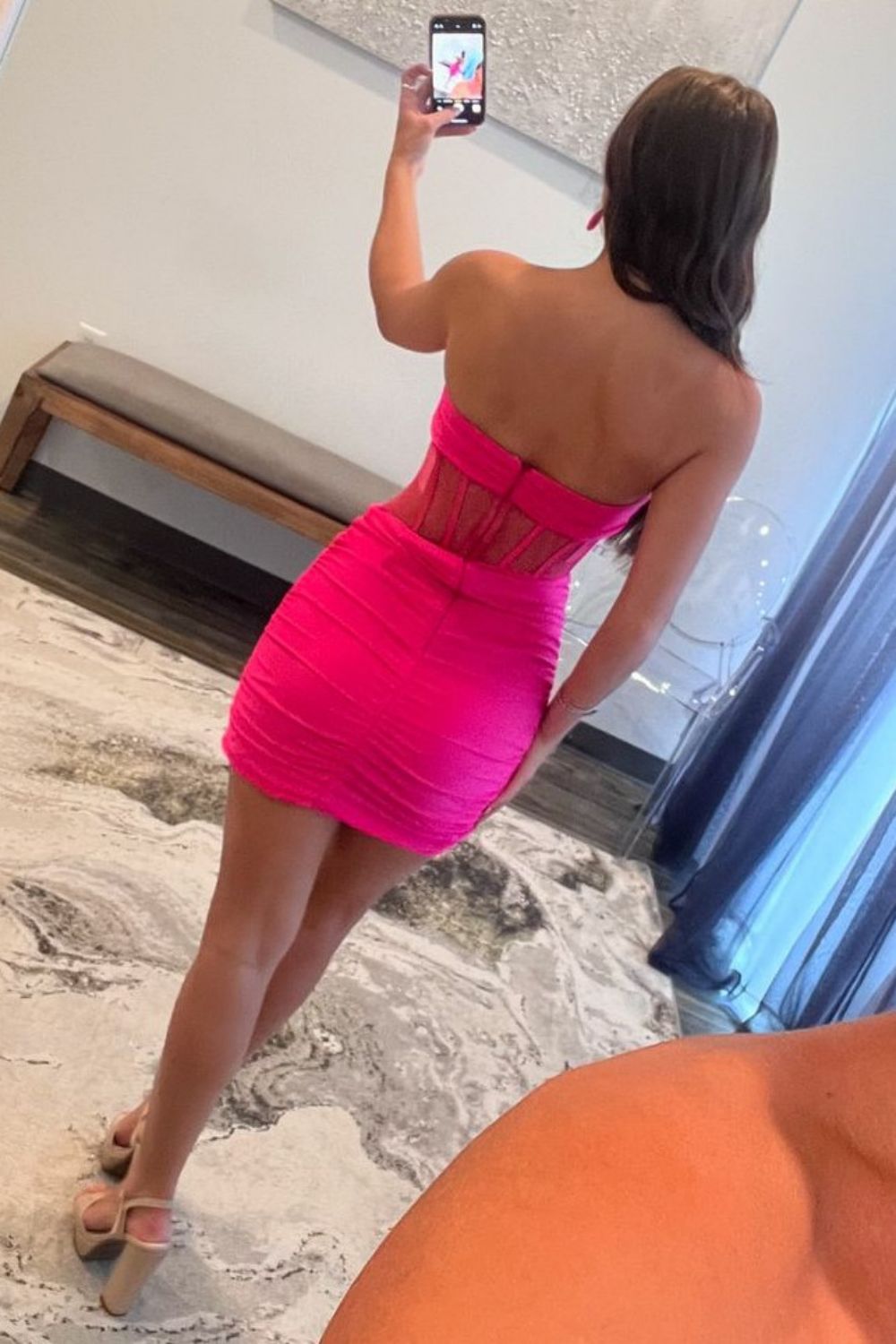 Trendy Hot Pink Strapless Tight Satin Mini Dress with Zipper Back Homecoming Dress