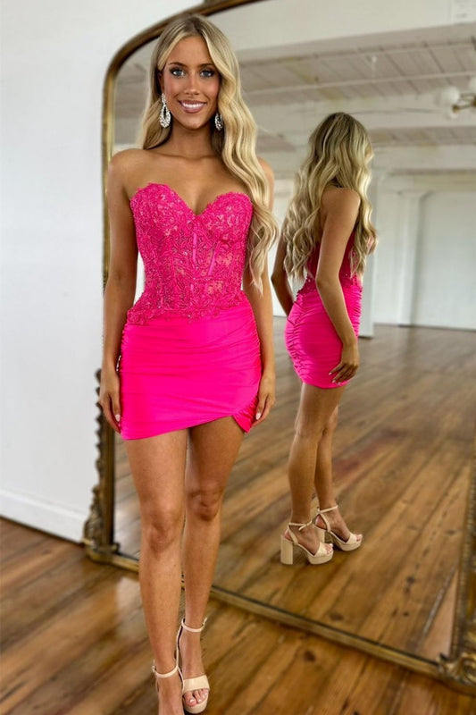 Vibrant Hot Pink Mermaid Short Dress with Sweetheart Lace Bodice Homecoming Dress