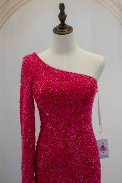Hot Pink One Shoulder Short Tight Sequin Homecoming Dress