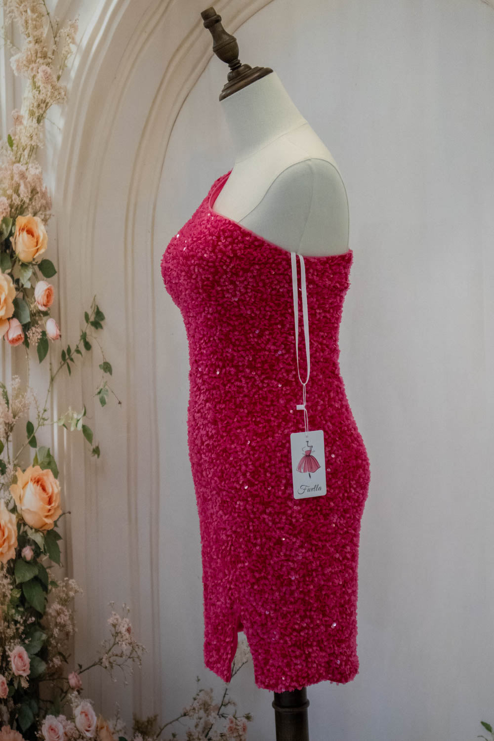 Hot Pink One Shoulder Short Tight Sequin Homecoming Dress