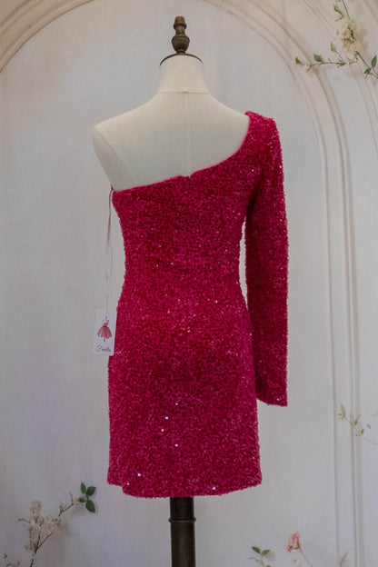 Hot Pink One Shoulder Short Tight Sequin Homecoming Dress