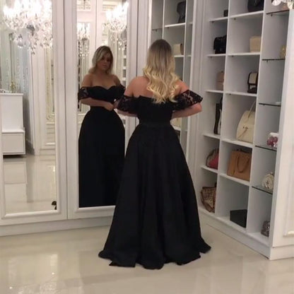 Elegant Black Lace Off The Shoulder Prom Dresses With Leg Slit