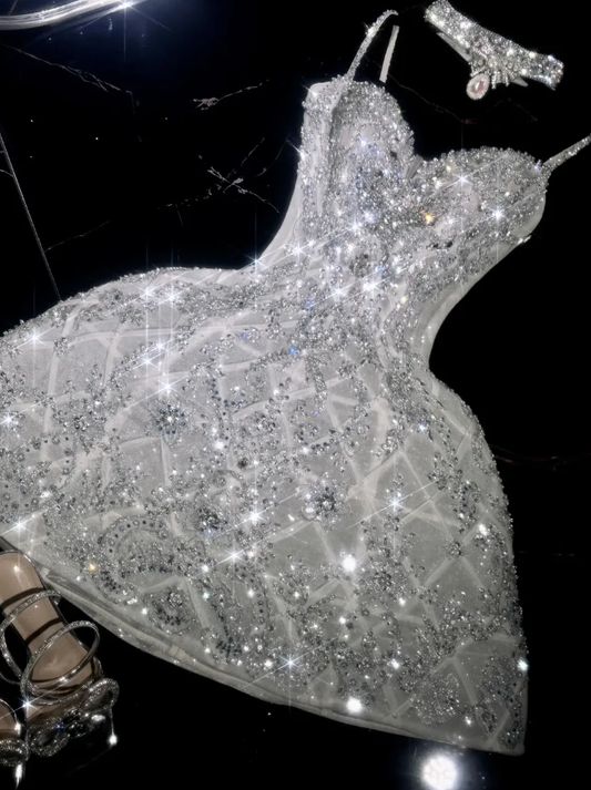 Shiny A Line Spaghetti Strap Rhinestone Tulle Short Prom Dress Graduation Prom Dress SH2464