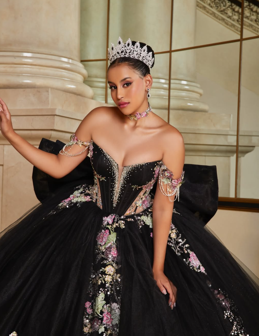 Black Off the Shoulder Appliques Beaded Tulle Prom Dress Quinceanera Dress Ball Gown with Bow SH2353