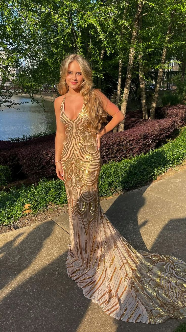 Unique Mermaid Golden Sequin Long Sweep Open Back Prom Dress Evening Dress SH1021