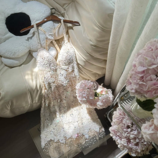 Ivory White Beaded Shiny Sequin Short Chiffon Homecoming Dress Prom Dress Party Dress gh4623