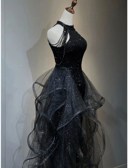 Shiny Halter Sequin Tulle Layered Long Prom Dress Black Evening Dress Wedding Dress SH1019