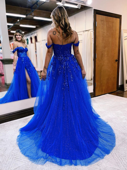 Sparkly Royal Blue Off The Shoulder Slit Long Prom Dresses, Tulle Evening Dress SH839