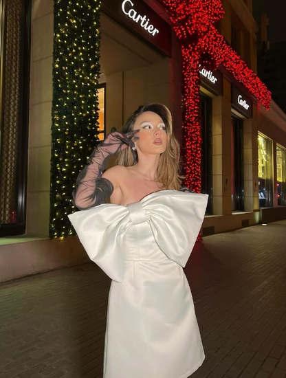 Cute A Line Strapless Bow White Satin Short Homecoming Dress Birthday Dress SH2509