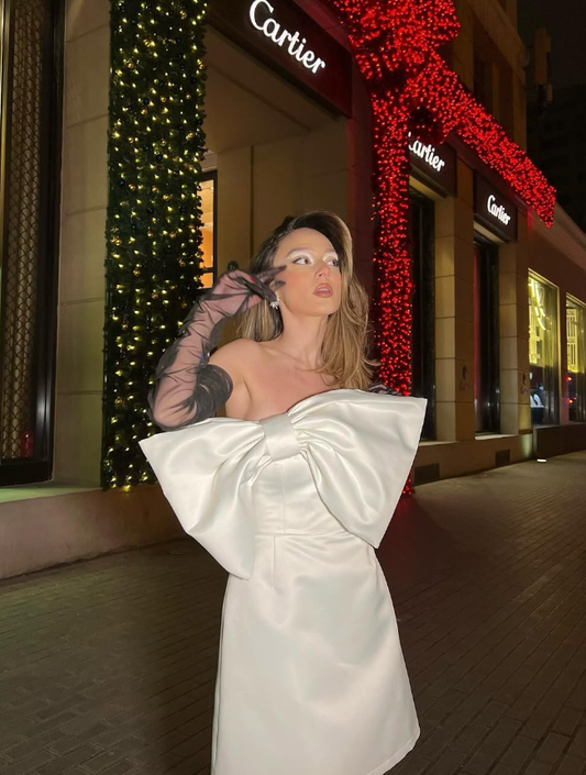 Cute A Line Strapless Bow White Satin Short Homecoming Dress Birthday Dress SH2509