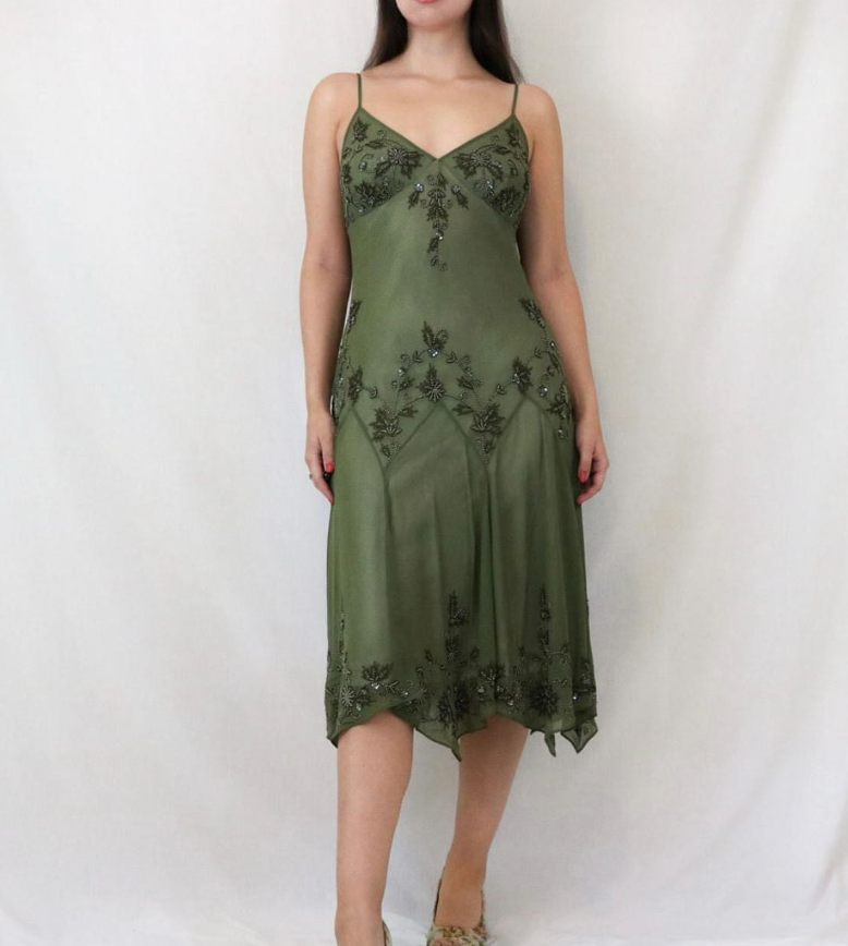 Vintage Green Spaghetti Straps Beaded Prom Dress SH1017