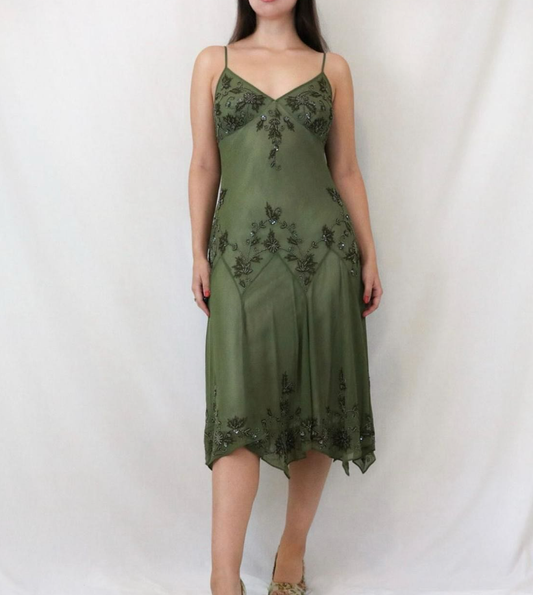 Vintage Green Spaghetti Straps Beaded Prom Dress SH1017