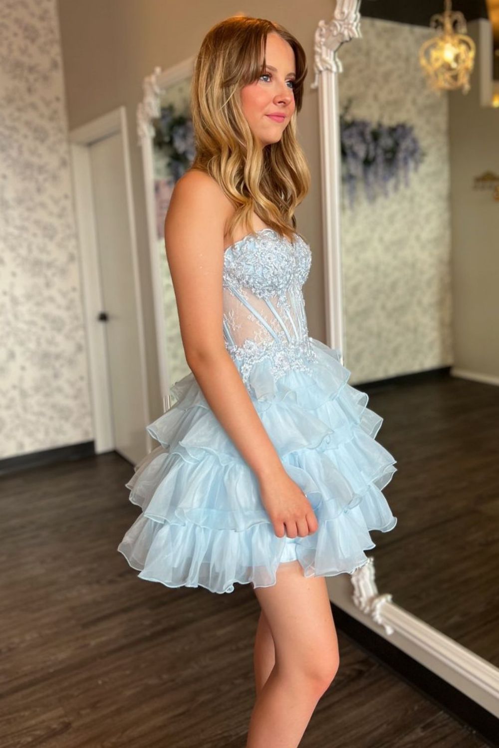 Light Blue A-Line Sweetheart Lace Up Short Tiered Tulle Dress Homecoming Dress