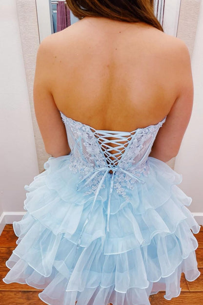 Light Blue A-Line Sweetheart Lace Up Short Tiered Tulle Dress Homecoming Dress