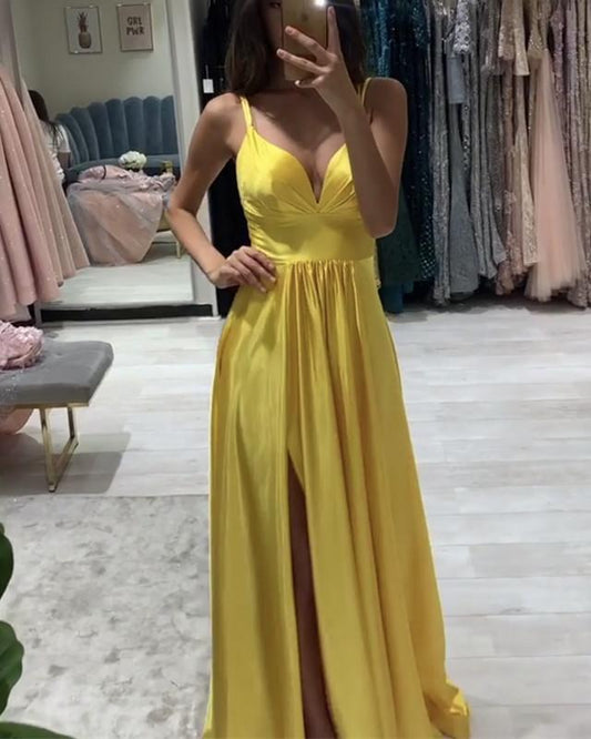 Spaghetti Straps V Neck Prom Dresses Satin Leg Slit