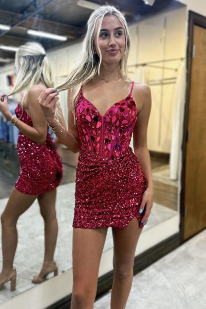 Luxurious Bodycon Spaghetti Strap Short Sequin Homecoming Dress with Mirror Details