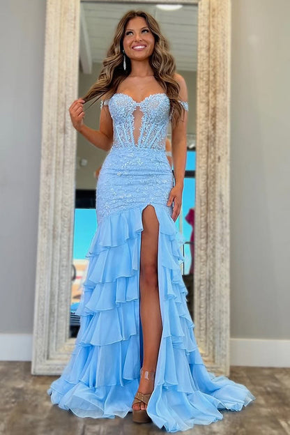 Luxurious Light Blue Off Shoulder Prom Dress with Lace Up Back Ruffles and Appliques